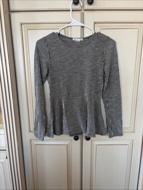 Macy's Black & White Striped Long-Sleeve Peplum Top